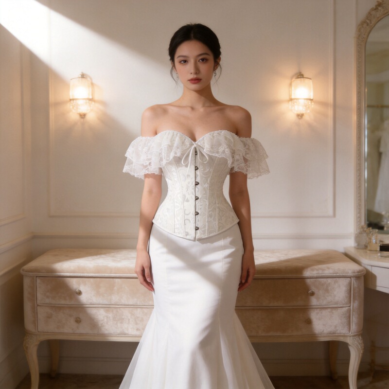Influencer-Style 1810 Shapewear Bodysuit Bridal Corset Dress with Silk Sleeves, Waist Cincher, Tummy Control, and Fishbone Corset