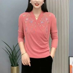 一件代发直播爆款2025秋季款时尚彩钻烫钻长袖交叉v领网纱打底衫