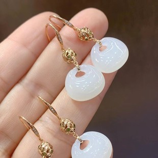 Fubei Diamond Jewelry [18K Gold Inlaid with Hetian Mutton Fat White Jade Ruyi Lock Earrings] Bare Stone 13*15mm