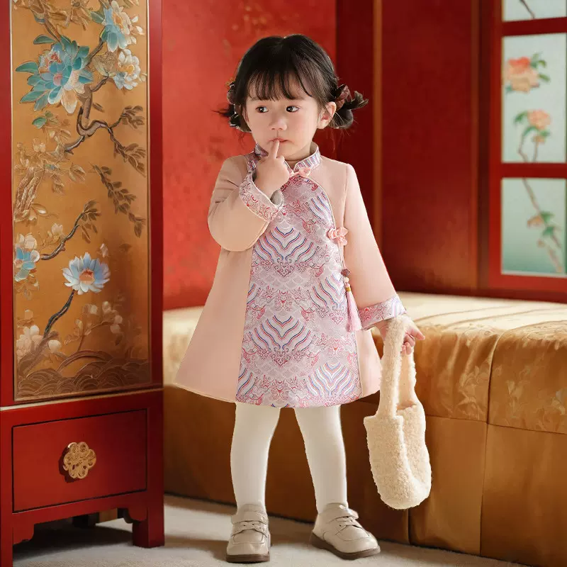 女童旗袍拜年服冬季2025新年衣服新中式国风连衣裙周岁女宝宝礼服