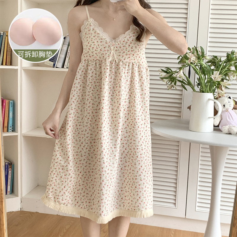 Verano desmontable Camisón con almohadilla en el pecho de las mujeres dulce lindo Sling tejido burbuja algodón vestir prendas exteriores homewear