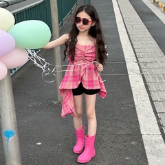 クロスボーダー女の子サマードレス5新しい大きな子供韓国風キャミソールスカート子供の夏のチェック柄スカートウサギ