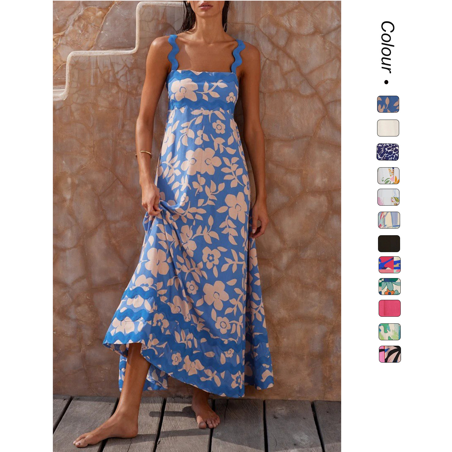 25年外贸东南亚新款小碎花波浪吊带裙子高端气质a字连衣裙-88166