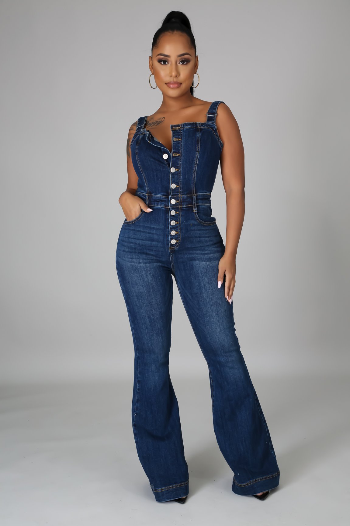 K Women's Fashion Casual Sexy Shoulder Strap Denim Jumpsuit Wide Leg Pants_ecoleips.com