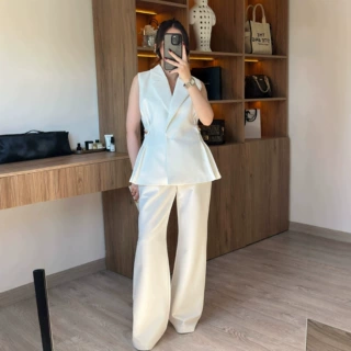 2026亚马逊欧美女装新款V领无袖收腰西服外套高腰直筒裤时尚套装