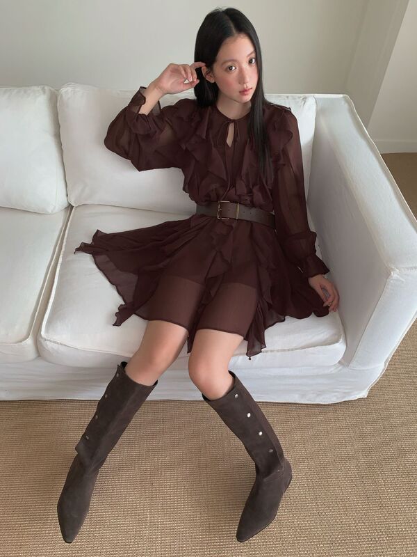 Interpretation of Beauty NEWOPEN 25秋 小柄フレンチフリル不規則長袖重工ドレス F6066|undefined
