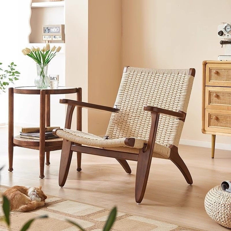 Sillas de madera sólida de cuerda trenzada sillas de balcón nórdicas sillas de ocio estilo japonés sillas de silla de casa pequeña silla de respaldo perezosa