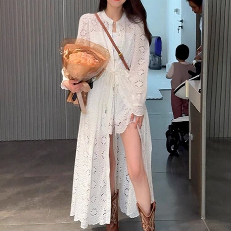 春秋新款女设计感小众镂空白色蕾丝裙法式重工长袖连衣裙套装|undefined