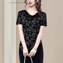 可2025夏季印花设计感荡领T恤上衣女不规则高级打底衫洋气