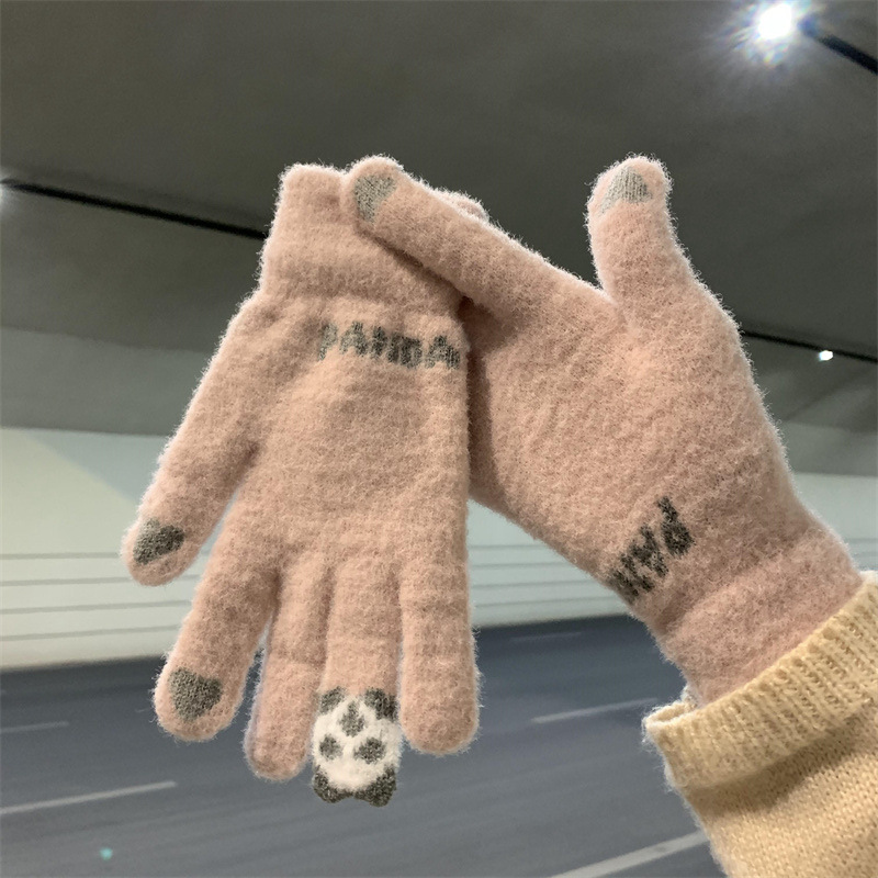 Gloves Autumn and Winter Female Cute Cycling Warmth and Thickened Cold Protection Student Knitted Wool Touchable Screen Cotton Gloves with Five Fingers