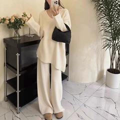 跨境慵懒风套装女秋冬新款V领oversize针织上衣＋阔腿裤两件套