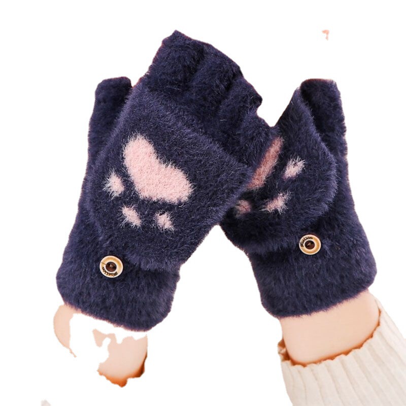 新しいかわいいアニメの猫の爪の手袋の卸売りの冬の保温とベルベットの厚い半分の指のカバーの女性のニットの手袋|undefined