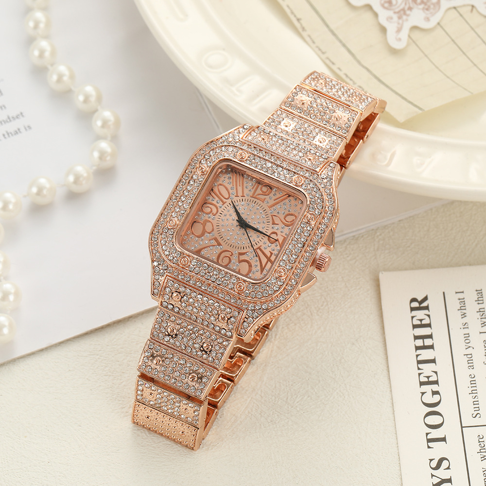 新款方形手表满天星钢带镶钻欧美男士罗马刻度满天星时尚石英表