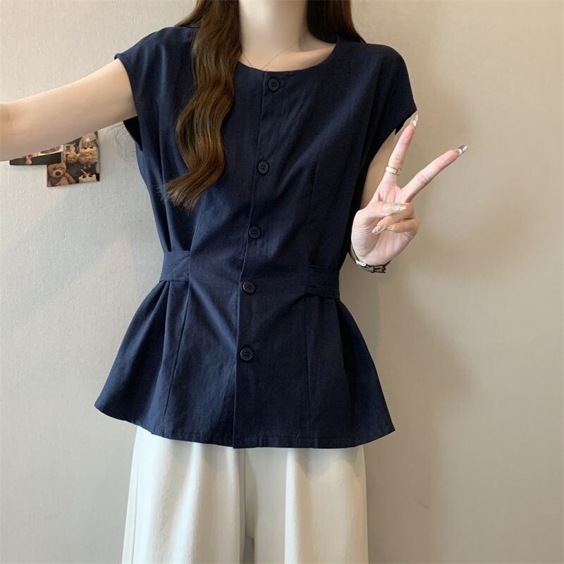 Plus-Size Women's Clothing with a Unique Design That Hides the Belly, Stylish Niche Shirts for Summer, Waist-Cinching Slimming Cardigan Tops for Chubby Girls