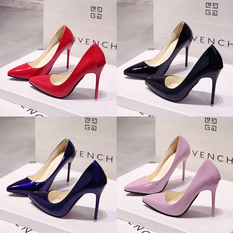 Black blue high heels nude heels pointed-toe made of patent leather