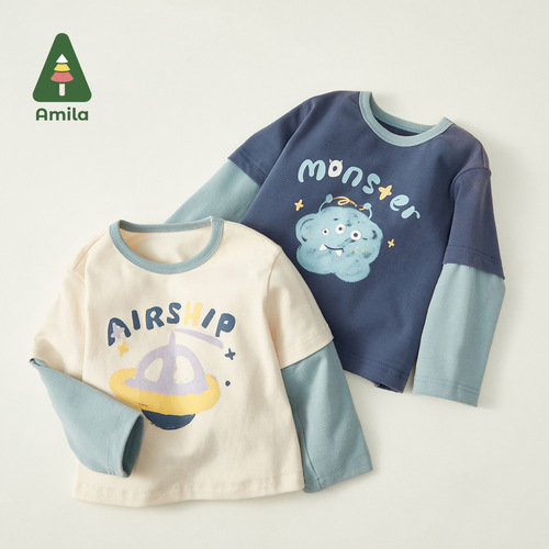 Tongbei 2024 spring children's clothing for boys and girls T-shirt long-sleeved fake two-piece top with Korean style color-blocking bottoming shirt