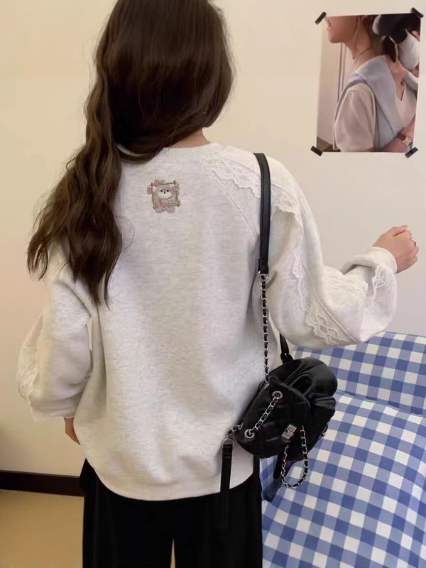 韩系慵懒风小狗刺绣圆领卫衣女秋季2025新款蕾丝花边灰色无帽上衣|undefined