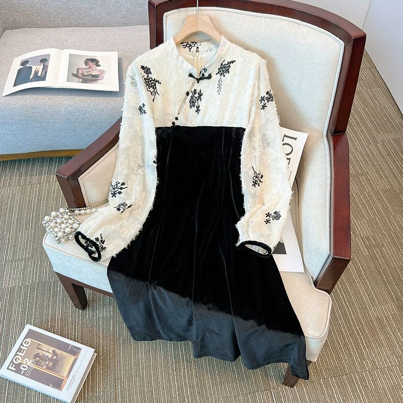 130/300 кг Большие размеры женские поддельные два бархата Новое китайское модифицированное платье-Ципао с длинным рукавом X2611