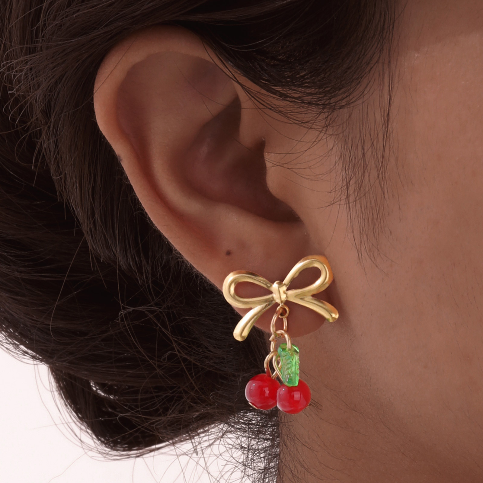 304 Stainless Steel, Resin Material 1 Pair IG Style Sweet Cherry Bow Knot Plating 304 Stainless Steel Resin Drop Earrings