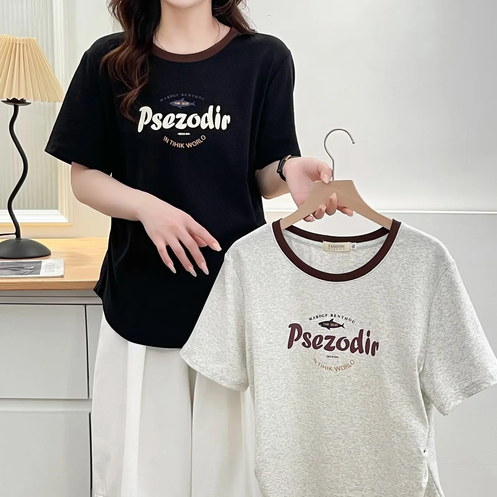 2025春季新款胖M大码女装时尚撞色领字母印花棉女短袖T恤H1012211