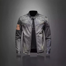 贝克汉姆同款做旧头层牛仔立领机车服男士牛仔夹克修身男外套