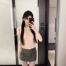 粉色气质polo领针织短袖女2025新款夏季修身显瘦小个子甜美短上衣