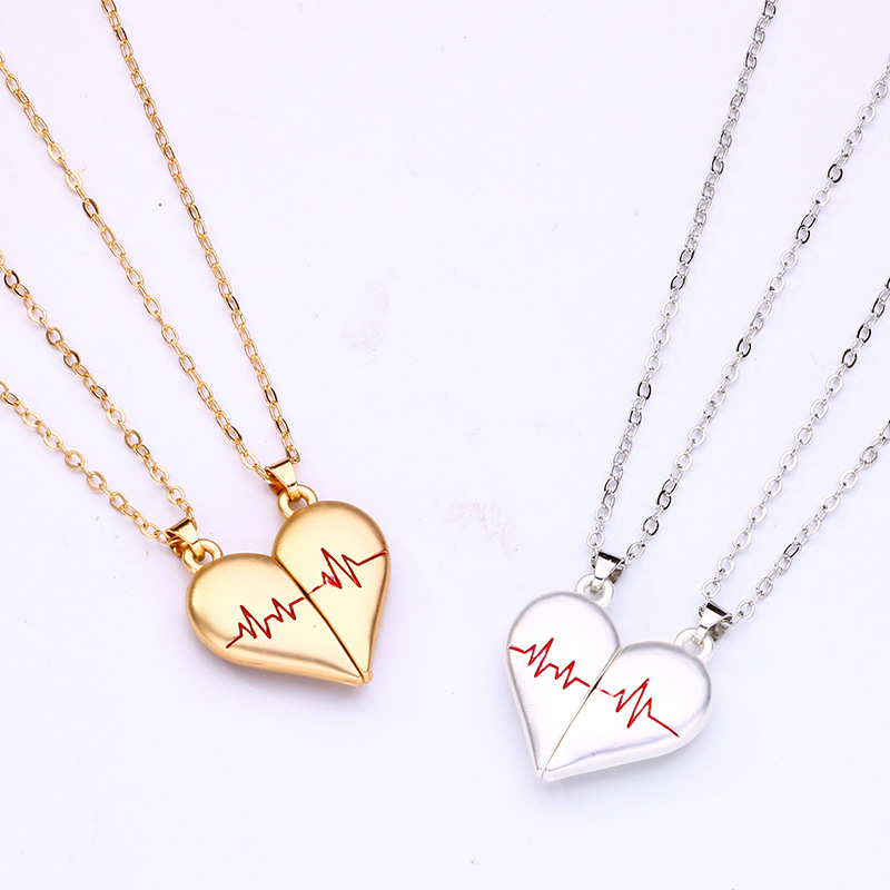 Pendant Necklace Classification Zinc Alloy Chain Material 1 Set Quantity Simple Style Streetwear Electrocardiogram Heart Shape Alloy Plating Valentine's Day Couple Pendant Necklace