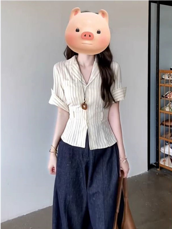 复古气质西装领条纹短袖衬衫女夏设计感小众收腰显瘦衬衣短款上衣|undefined