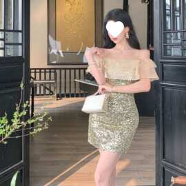 名媛法式气质亮片一字晚礼服连衣裙荷叶夏季一字领礼服图片色