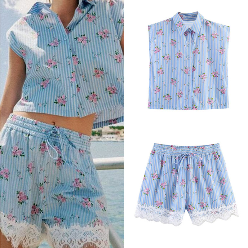 2026 Summer New Sleeveless Striped Printed Shirt 1165/226 Lace-Trimmed Striped Printed Casual Shorts