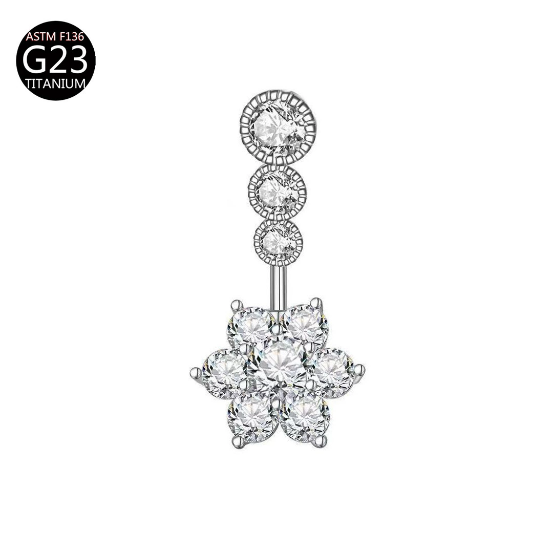 Physiological belly button piercing drop-shaped with zircon, flowered