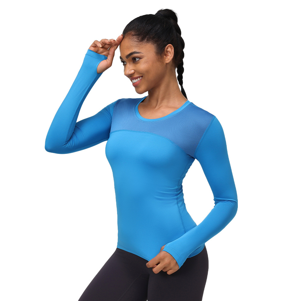Women's tight PRO Fitness running yoga sports T-shirt sweat-wicking quick-drying mesh stitching stretch long sleeve 2029