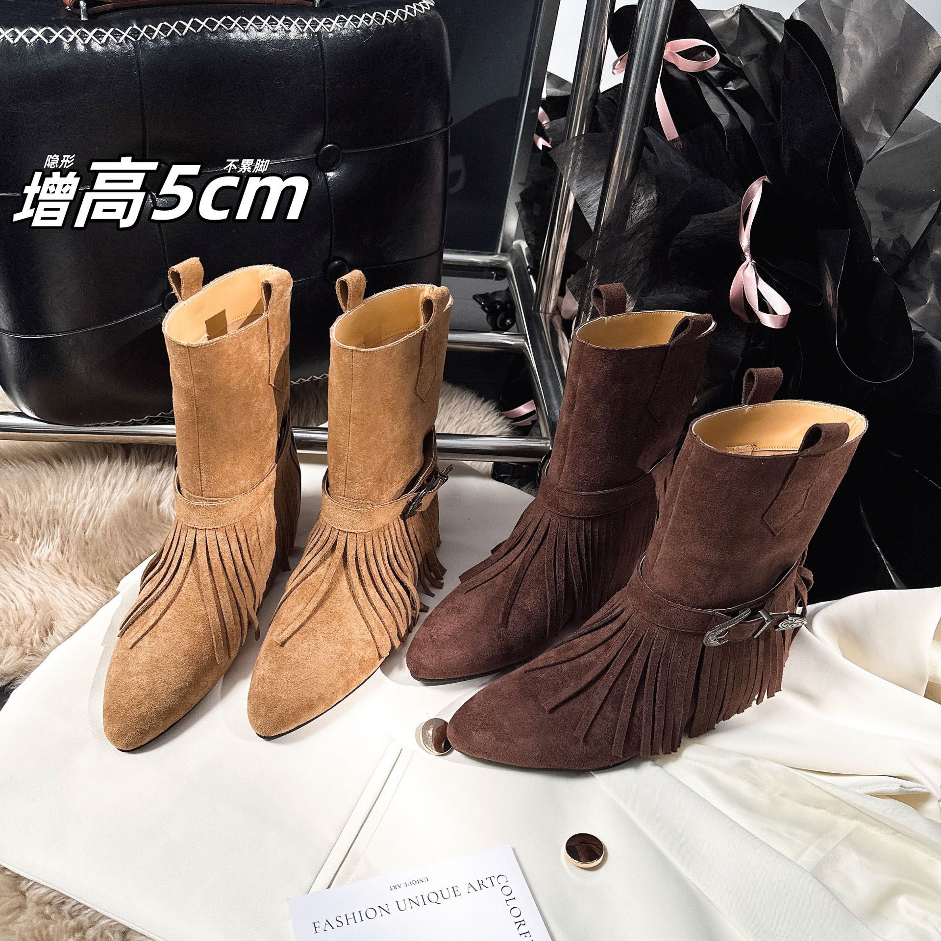 Botines Vaqueros para Mujer con Aumento de 5 cm, Terciopelo, Antideslizante, para Otoño e Invierno