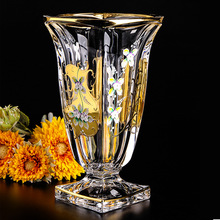 捷克原装进口BOHEMIA金色珐琅花带脚水晶玻璃花瓶插花客厅摆件