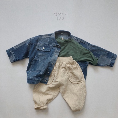 韩国童装儿童牛仔外套秋冬男童夹克满印日系复古格子牛仔工装外套