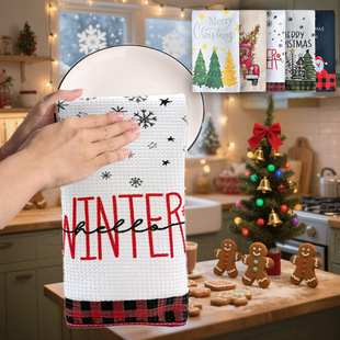 Printed Tea Towel Amazon Cross-Border Christmas Kitchen Dish Towel Christmas Holiday Printed Table Waffle Gift