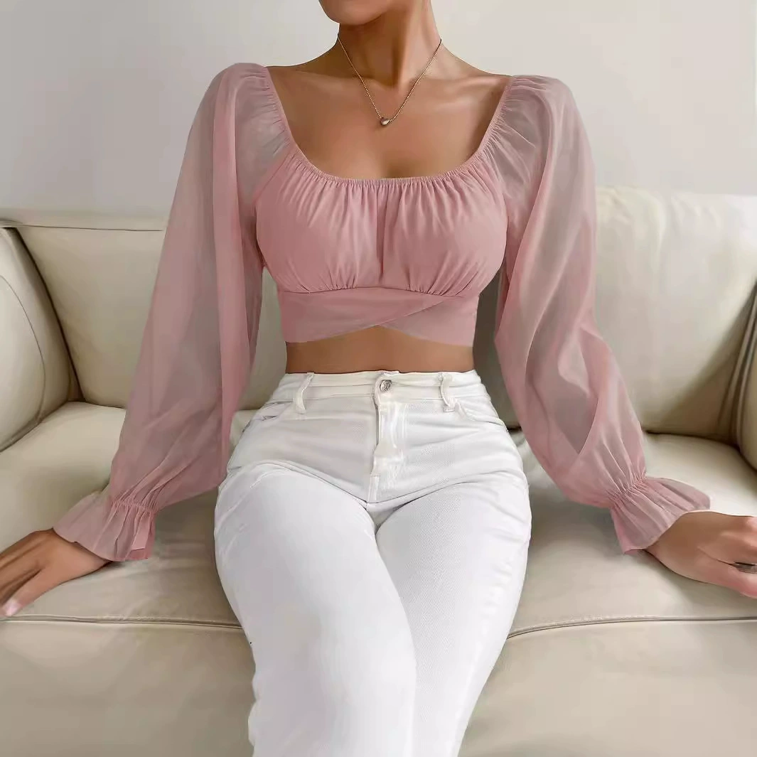 Шифоновые блузки с длинными рукавами, sexy длинный пояс, квадратный вырез