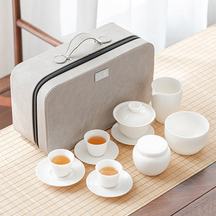 Sheep fat jade white porcelain kung fu tea set suit portable storage travel tea art teaching teapot cover bowl tea set Wholesale