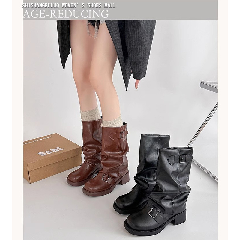 Vintage Style Round-Toe Slip-On Boot with Belt Buckle for Women, 2025 Autumn/Winter Ruched Martin Boots, Stacked Boots for Women