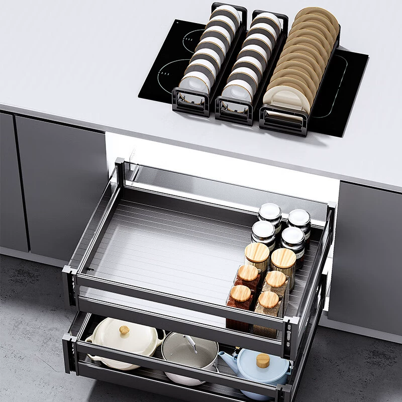 Aluminum alloy glass pull basket kitchen cabinet dish basket drawer type open door double layer three layer kitchen pull basket