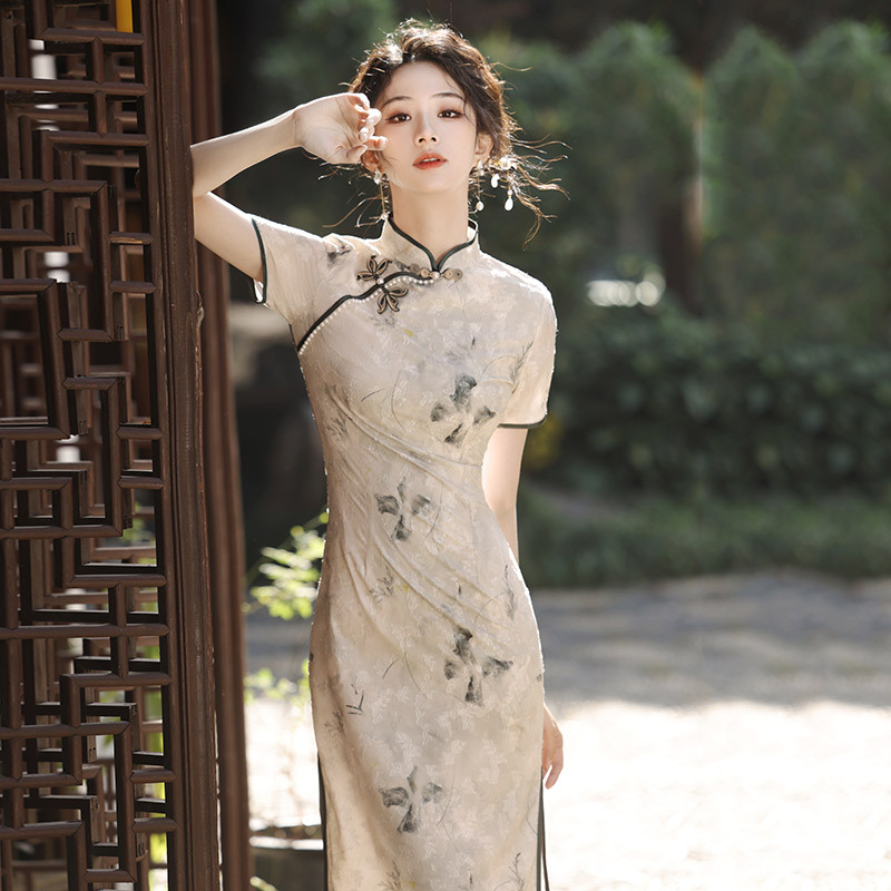 水墨色國風中式長款改良旗袍新款年輕款少女復古修身短袖日常可穿