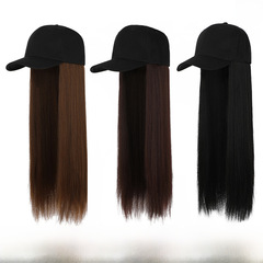 Four-season hat with fake hair, women's integrated fake hair cap, baseball cap with long straight hair 