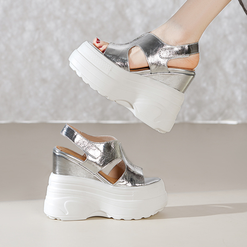 Sandal đế xuồng nữ Yichuan gót 14cm đế dày nhẹ mùa hè — Màu đen, Màu trắng, Màu bạc