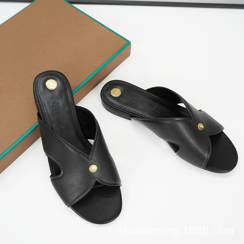Slippers Slides Flat Women's Slippers Lp Metal Gasket Genuine Leather Cross Strap Sandals Genuine Leather Bottom Top Version
