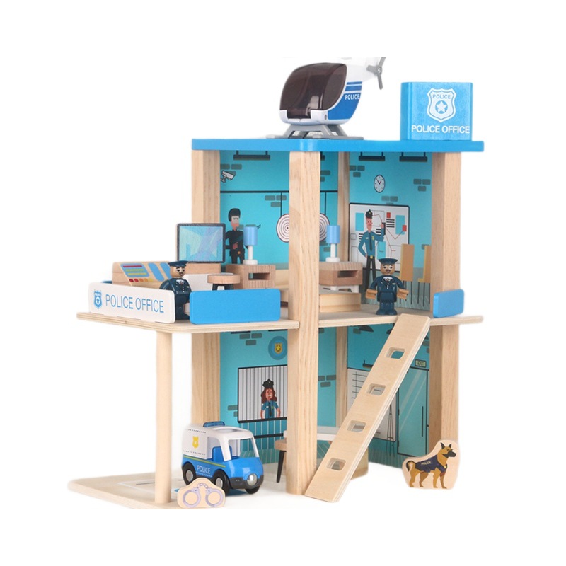 Casa de juego de simulación de madera para niños Villa sala de juguete casa de muñecas estación de bomberos estación de policía estacionamiento regalo de cumpleaños