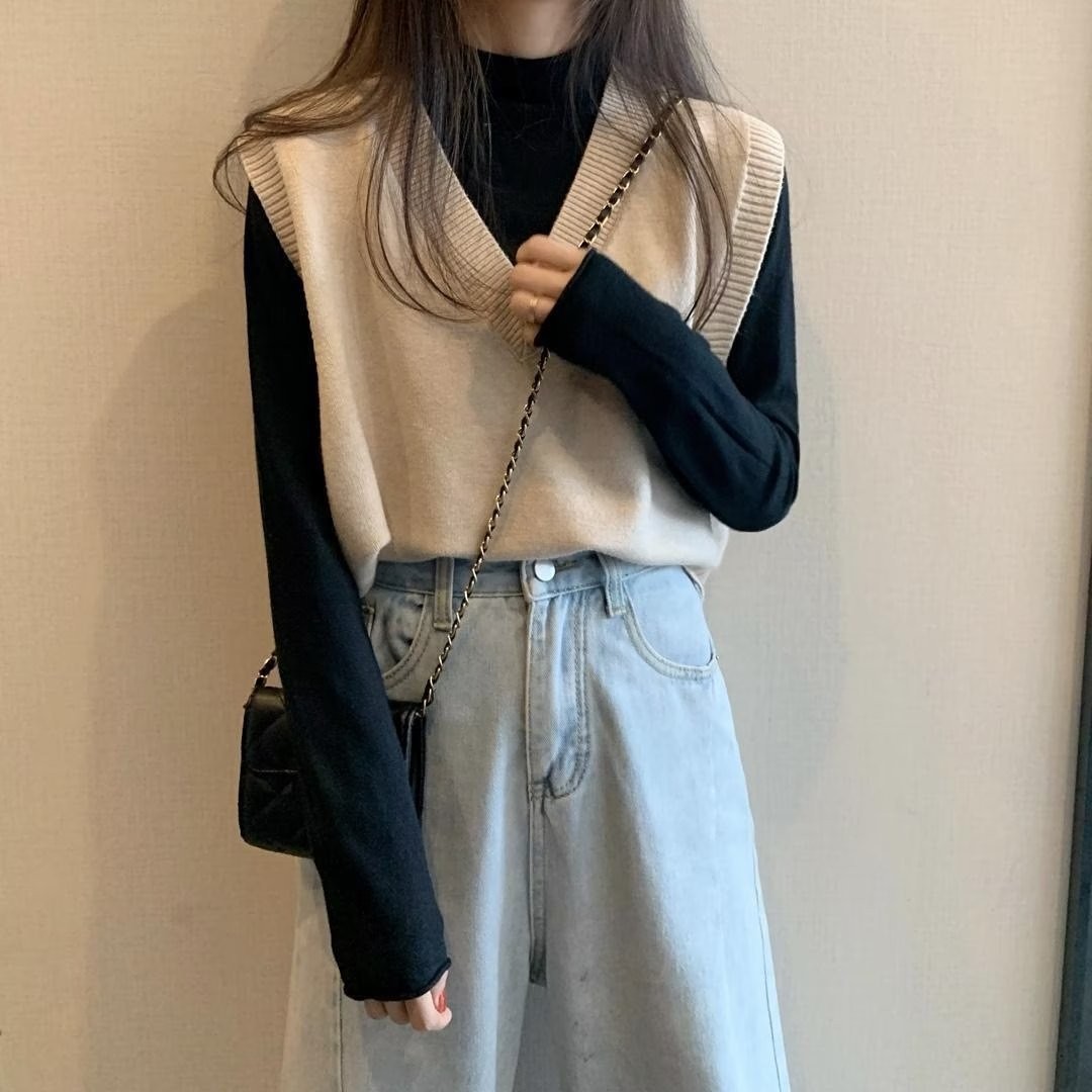 Chaleco suéter para mujer 2022 Otoño e Invierno Nuevo estilo exterior e interior chaleco negro interior medio cuello alto sin mangas de punto camisa de fondo image 11