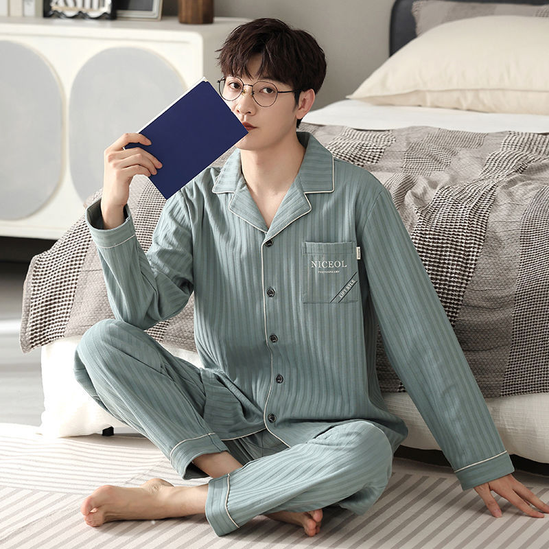 Pajamas de algodón de hombre primavera y otoño de manga larga nueva ropa casera suelta de tamaño grande engordado conjunto de ropa de hombre otoño y invierno