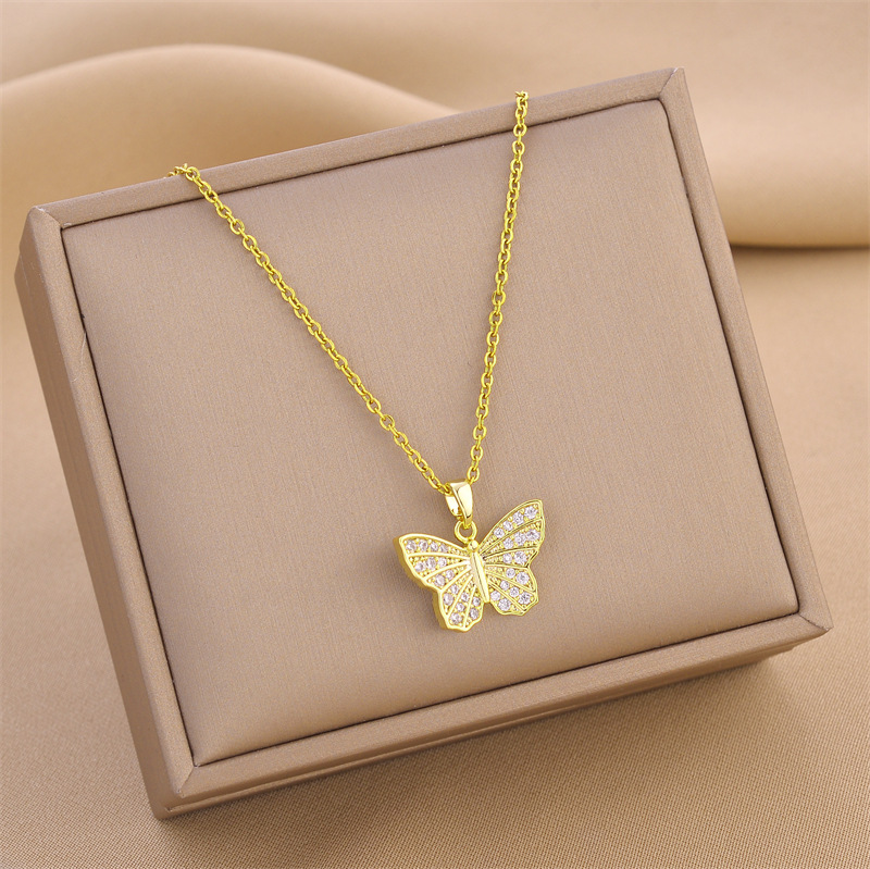 Fashion Butterfly Titanium Steel Inlay Zircon Pendant Necklace 1 Piece display picture 2