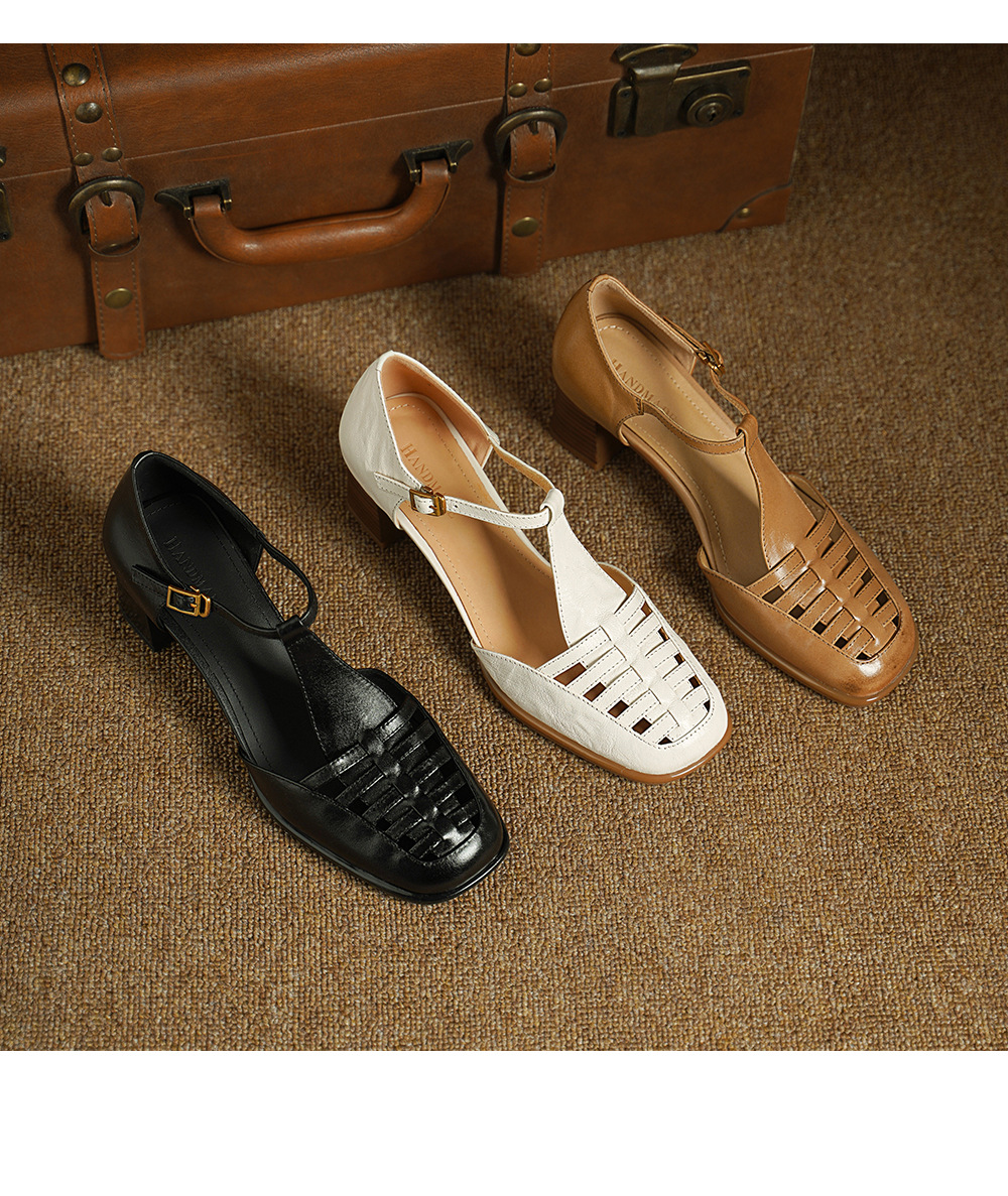 Sandal cao gót nữ mũi nhọn quai chữ T dệt hở gót, gót 5 cm — đen chi tiết 18