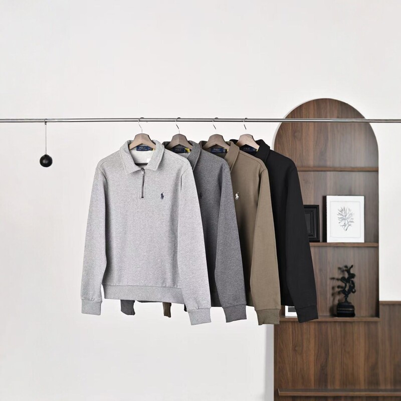 RL Ralph Lauren Embroidered Half-Zip Sweatshirt for Men and Women, Spring and Autumn, Solid Color, Long Sleeve, Couple's Style, 100% Cotton